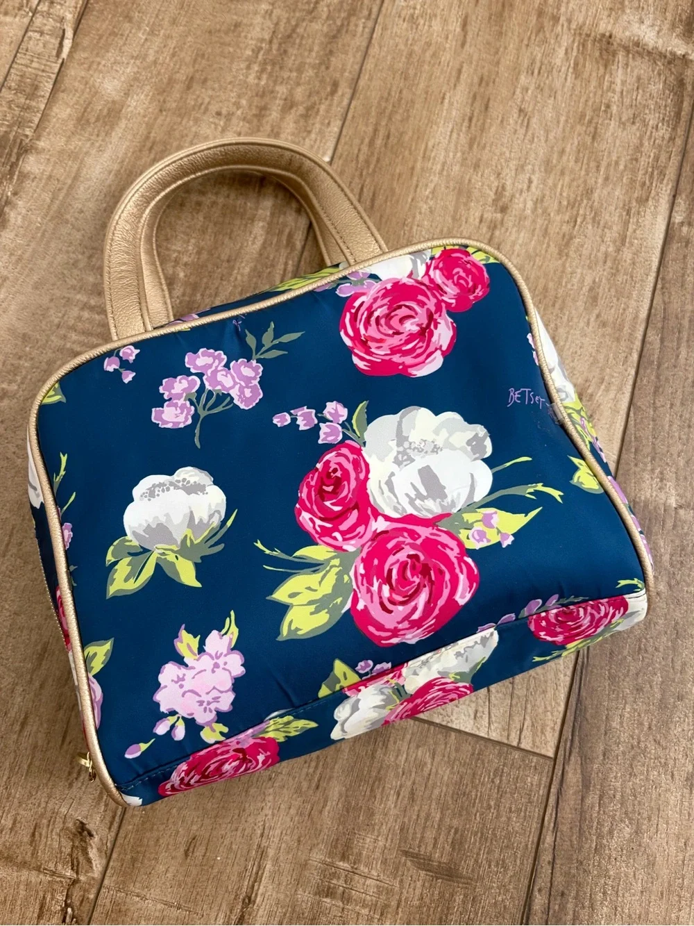 Betsey Johnson Floral Navy Cosmetic Bag with Pink Rose Print